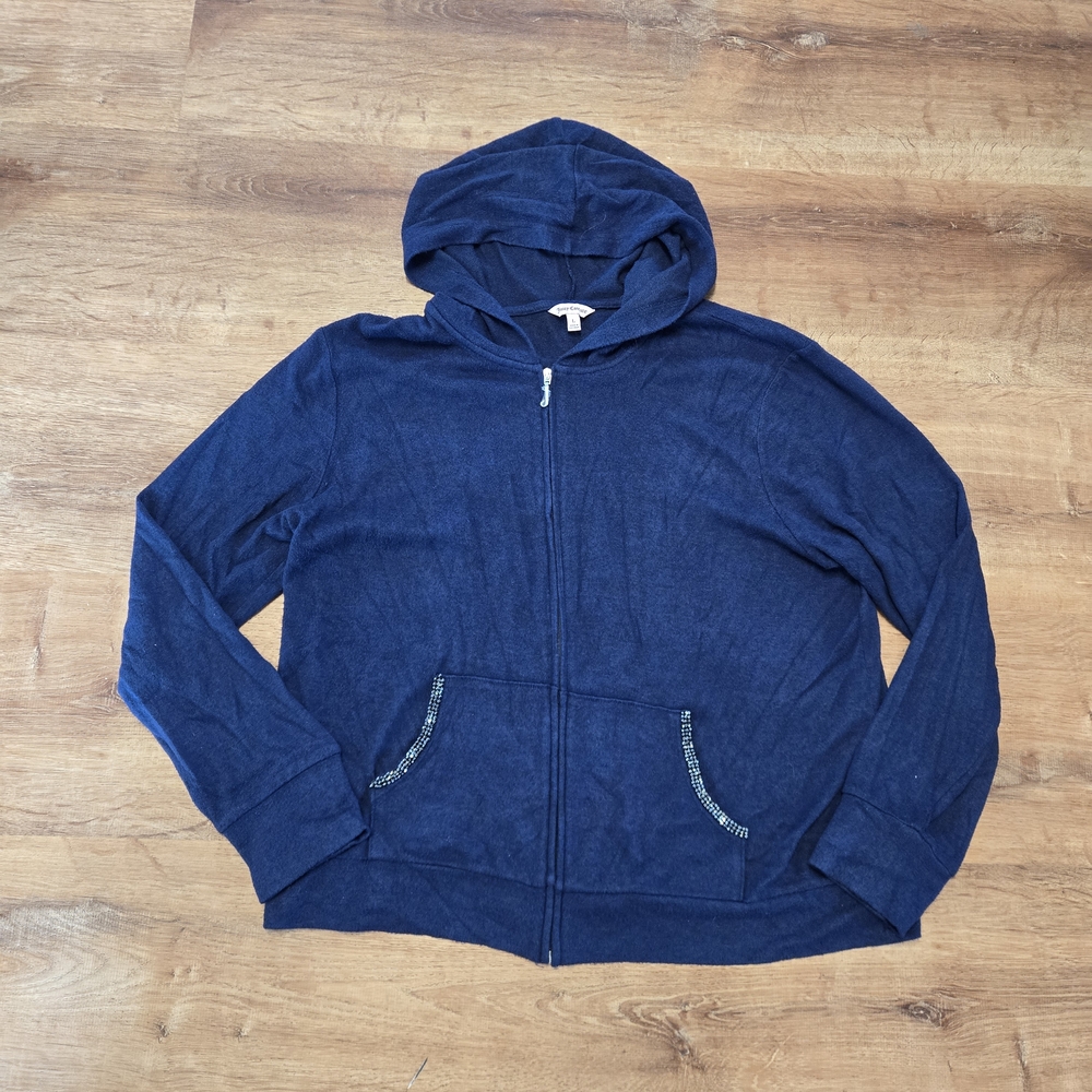 Juicy Couture Navy Zip Hoodie with Gold J Pull Large Beaded Pocket Accents
